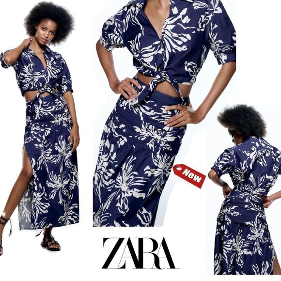 Zara navy long printed high waisted pleated side slit skirt Sz M NWT - Picture 9 of 9